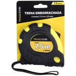 Trena métrica emborrachada Tradestar 7,5m x 25mm com 3 travas, ideal para medições precisas em construção e marcenaria. Ferramenta durável e resistente, com presilha para cinto.