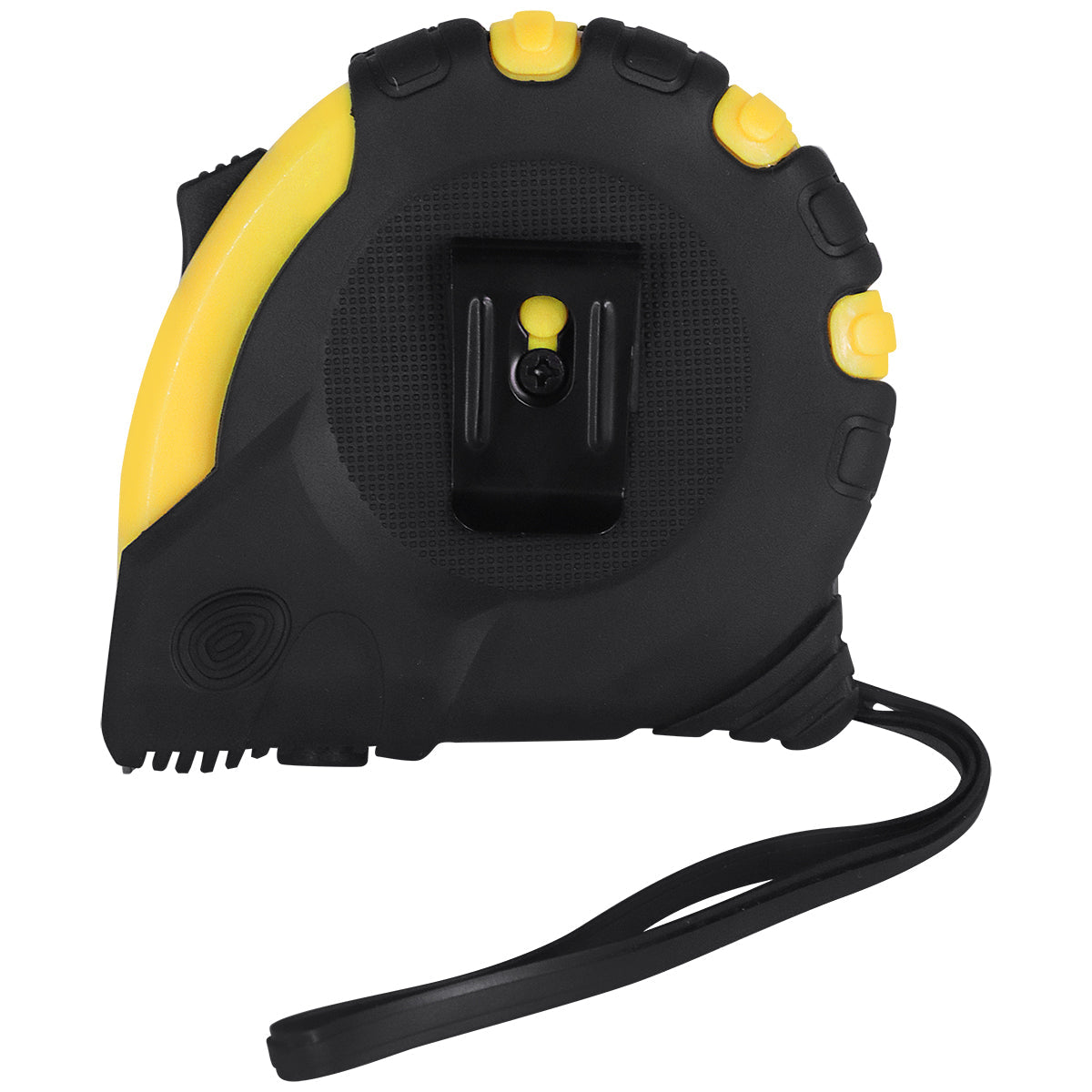 Trena Métrica 7,5mx25mm Emborrachada Tradestar com 3 travas, preta e amarela, com presilha para cinto e alça de pulso, ideal para medições precisas em construção civil, carpintaria e marcenaria.