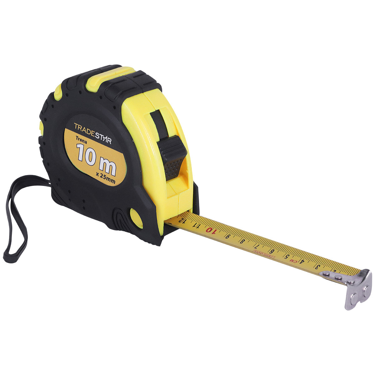 Trena métrica 10m x 25mm emborrachada Tradestar com 3 travas, ideal para medições precisas em construção, carpintaria e marcenaria. Ferramenta durável e resistente com presilha para cinto.