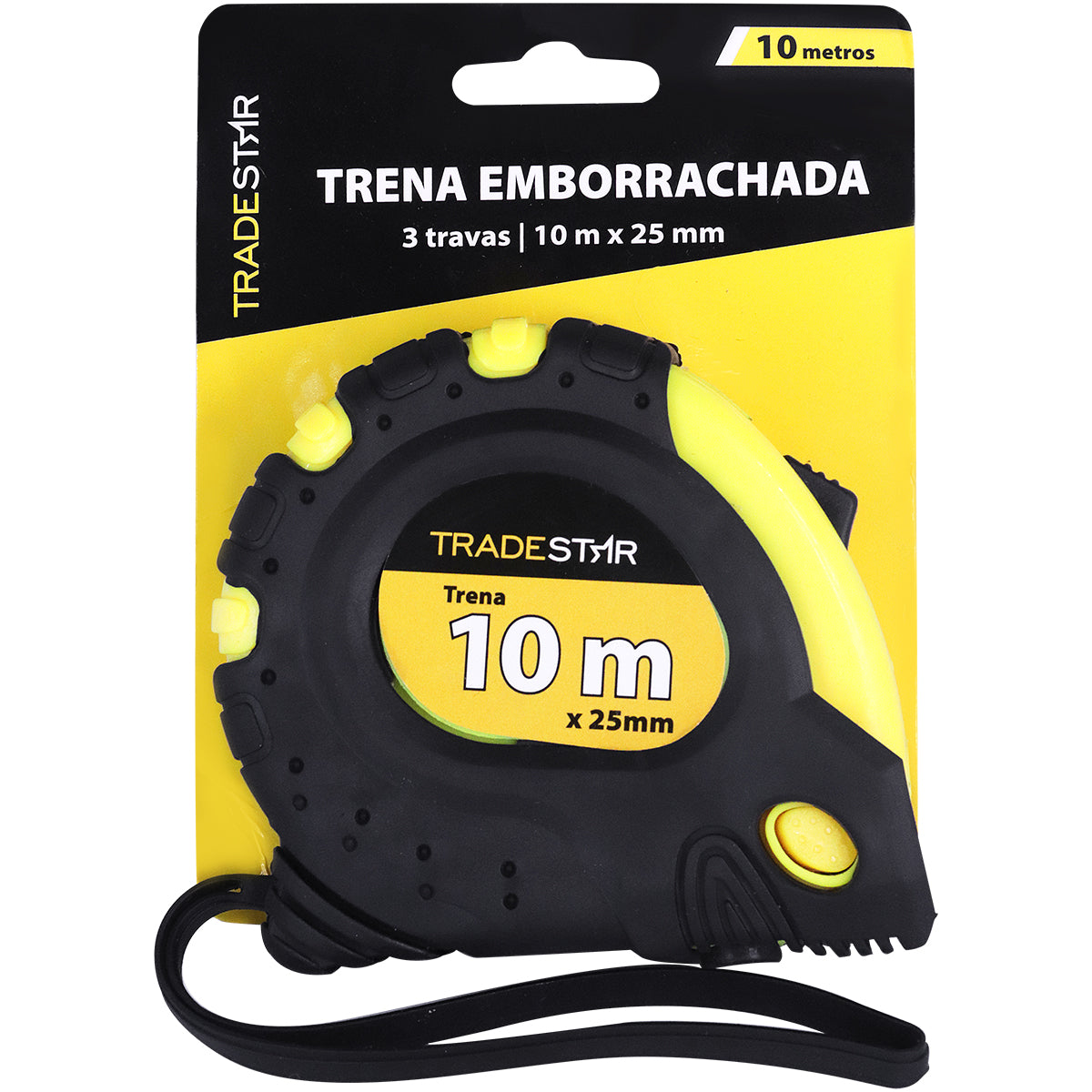 Trena Métrica 10mx25mm Emborrachada Tradestar com 3 travas, ideal para medições precisas em construção e marcenaria. Ferramenta durável e resistente, com presilha para cinto.