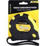 Trena Métrica 10mx25mm Emborrachada Tradestar com 3 travas, ideal para medições precisas em construção e marcenaria. Ferramenta durável e resistente, com presilha para cinto.