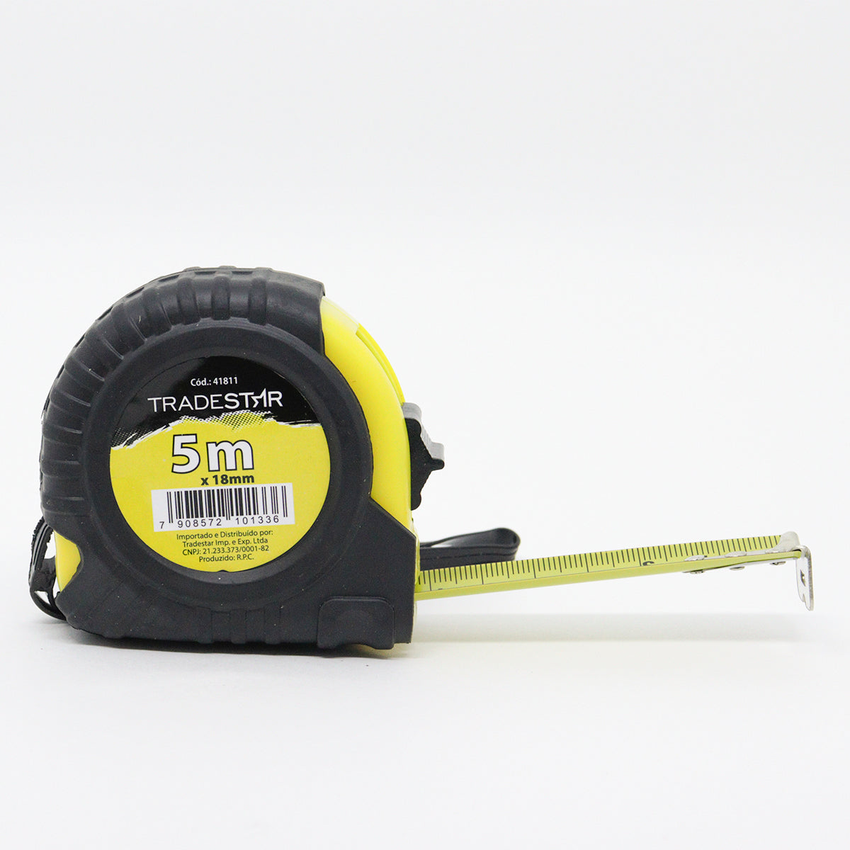 Trena profissional emborrachada Tradestar 5m x 18mm com fita de aço reforçada, ideal para medições precisas em obras, marcenaria e projetos DIY. Possui corpo emborrachado para maior segurança e conforto, além de graduação dupla em centímetros e polegadas.