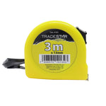 Trena ABS 3m x 13mm Tradestar amarela, de bolso, com fita de aço e presilha para cinto. Ferramenta ideal para medições precisas em projetos de construção, marcenaria e DIY.