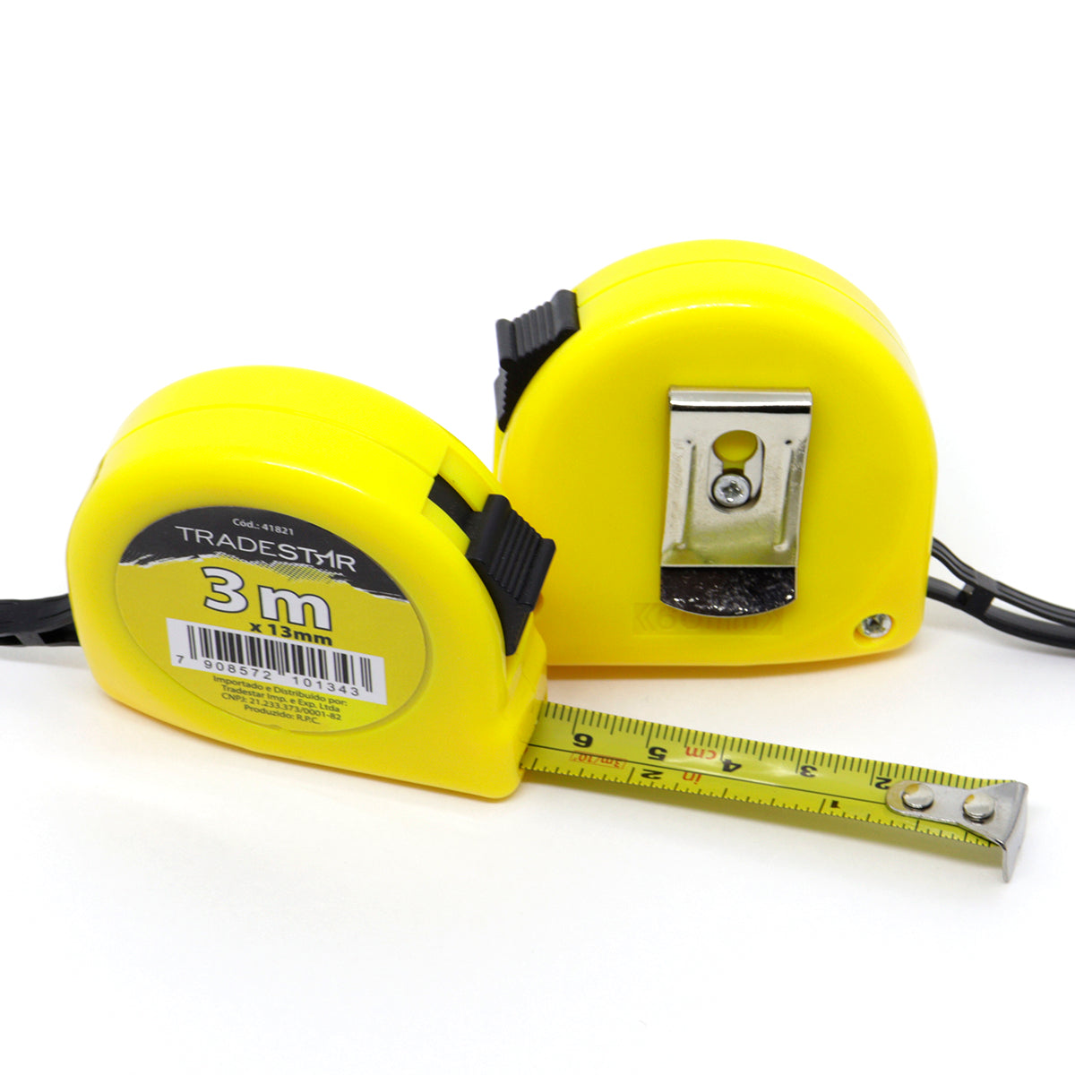 Trena ABS 3m x 13mm Tradestar amarela, de bolso, com fita de aço e presilha para cinto. Ferramenta compacta e resistente para medições precisas em projetos de construção, marcenaria e DIY.