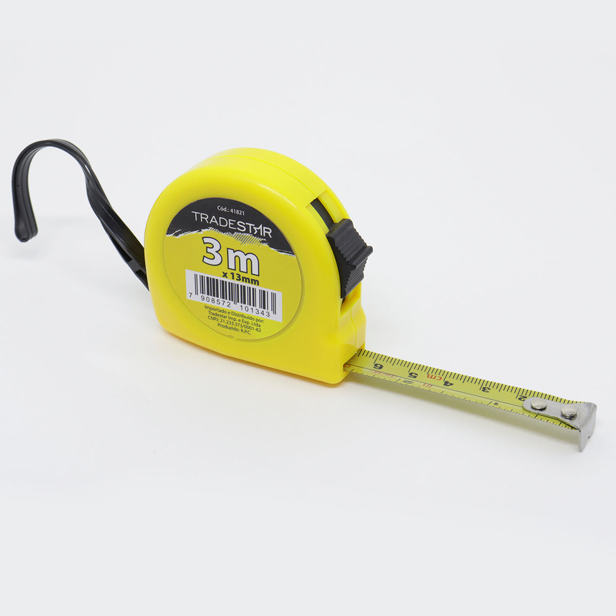 Trena ABS 3m x 13mm Tradestar amarela, de bolso, com fita de aço e presilha para cinto. Ferramenta ideal para medições precisas em projetos de construção, marcenaria e DIY.