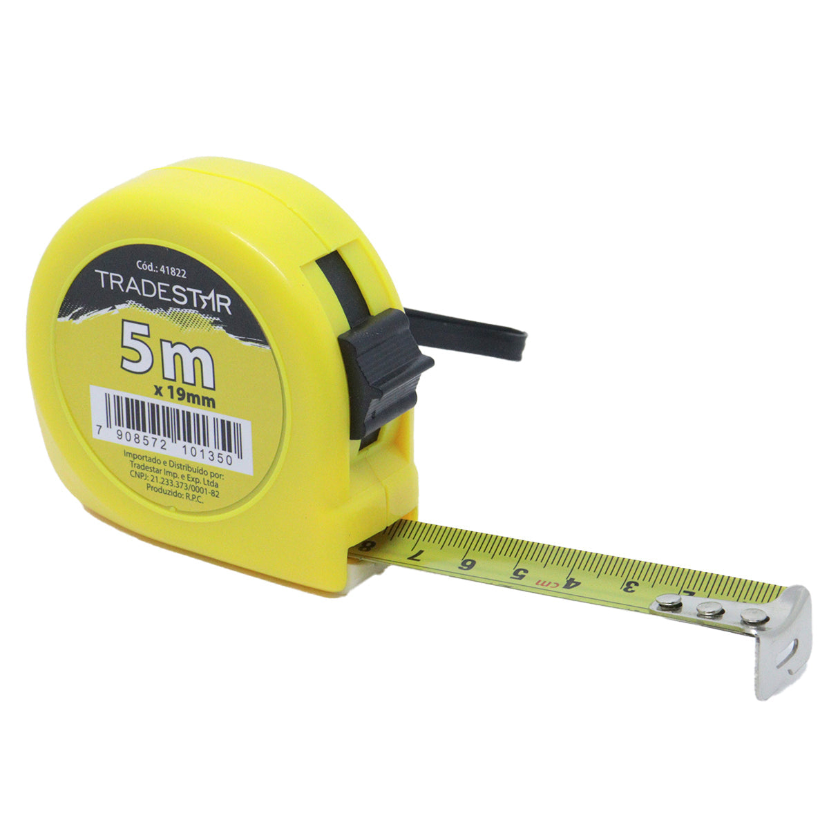 Trena ABS 5m x 19mm Tradestar amarela com fita de aço, ideal para medições precisas em projetos de construção, marcenaria e uso doméstico. Possui corpo resistente, graduação dupla em cm e polegadas, trava e presilha para cinto.