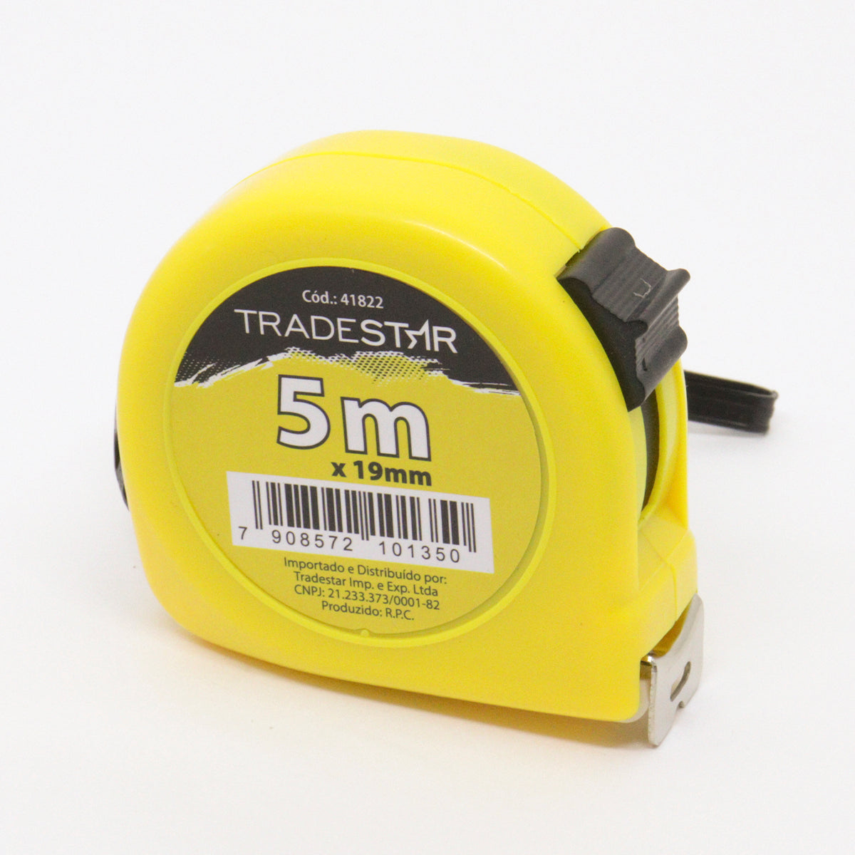 Trena ABS 5m x 19mm Tradestar amarela, fita de aço, com presilha e trava de segurança. Ferramenta de medição ideal para uso profissional e doméstico. Possui graduação dupla em cm e polegadas.