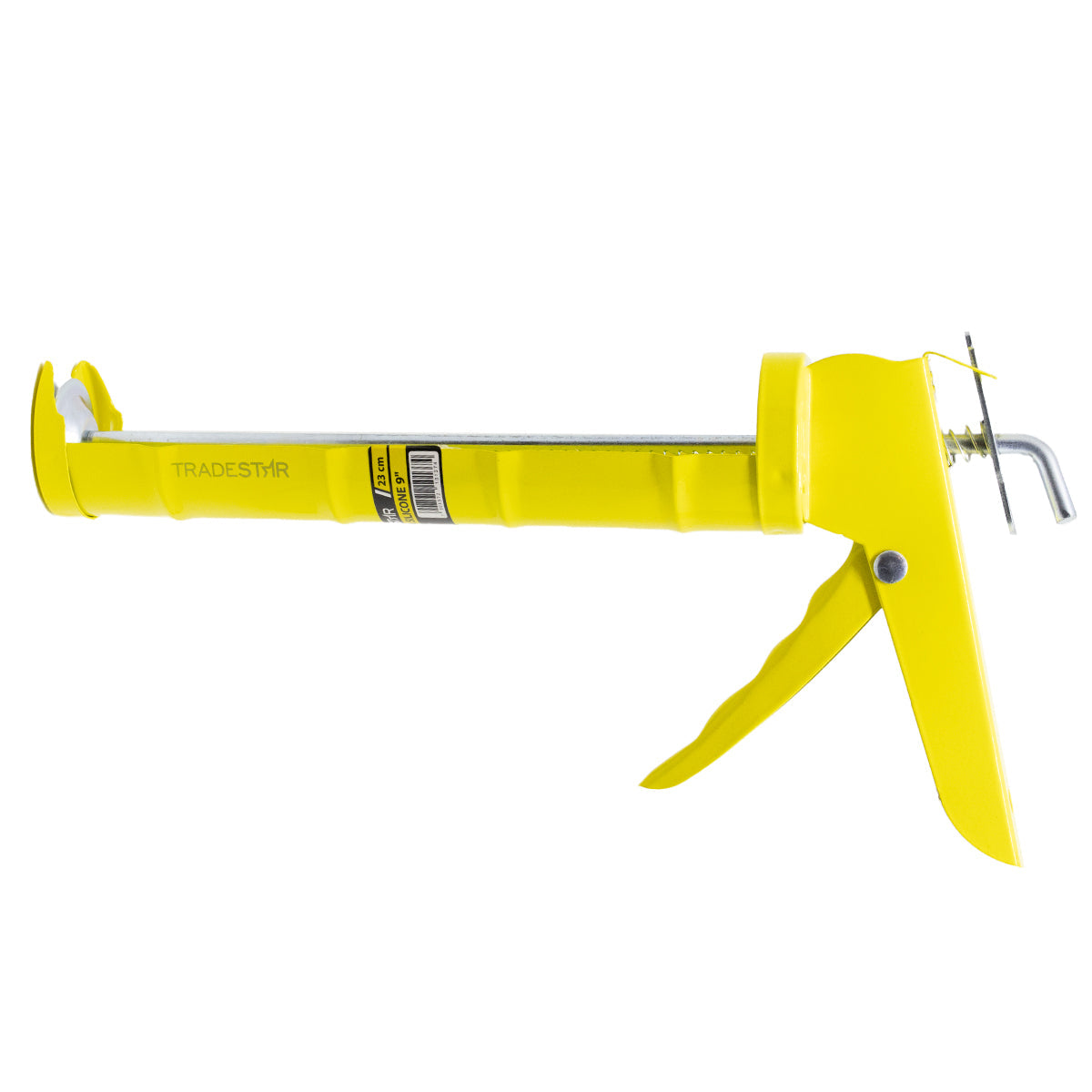 Aplicador de Silicone Pistola Profissional 9" 23cm Reforçado Tradestar amarelo, ideal para aplicação precisa de silicone, selantes e PU em projetos de construção e DIY. Ferramenta robusta e durável para vedação e calafetagem.
