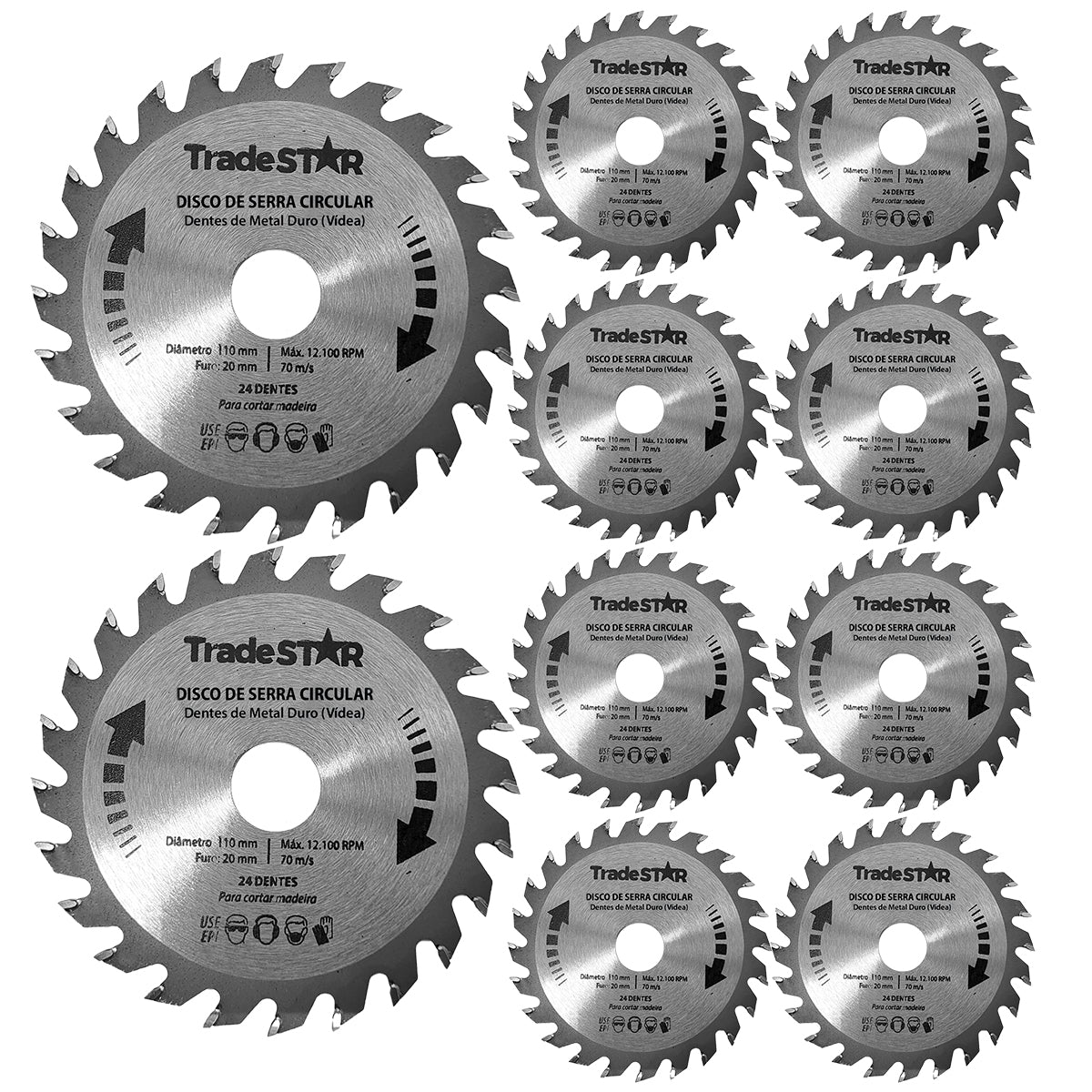 Kit com 10 discos de serra circular Videa Tradestar 110x20mm com 24 dentes para cortes precisos em madeira, MDF, compensados e derivados. Lâminas de metal duro para maior durabilidade e cortes limpos. Ideal para marceneiros, carpinteiros e projetos DIY.