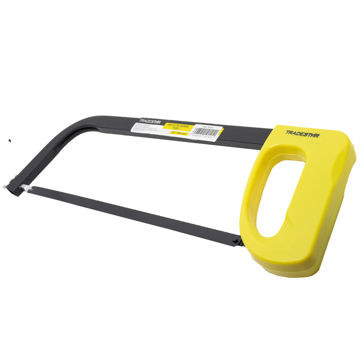 Arco de serra fixo para serrinha com cabo plástico 12' 30 cm, ideal para cortes precisos em metais, plásticos e madeira leve. Ferramenta manual com estrutura resistente e lâmina substituível. Cabo ergonômico amarelo para maior conforto e segurança.