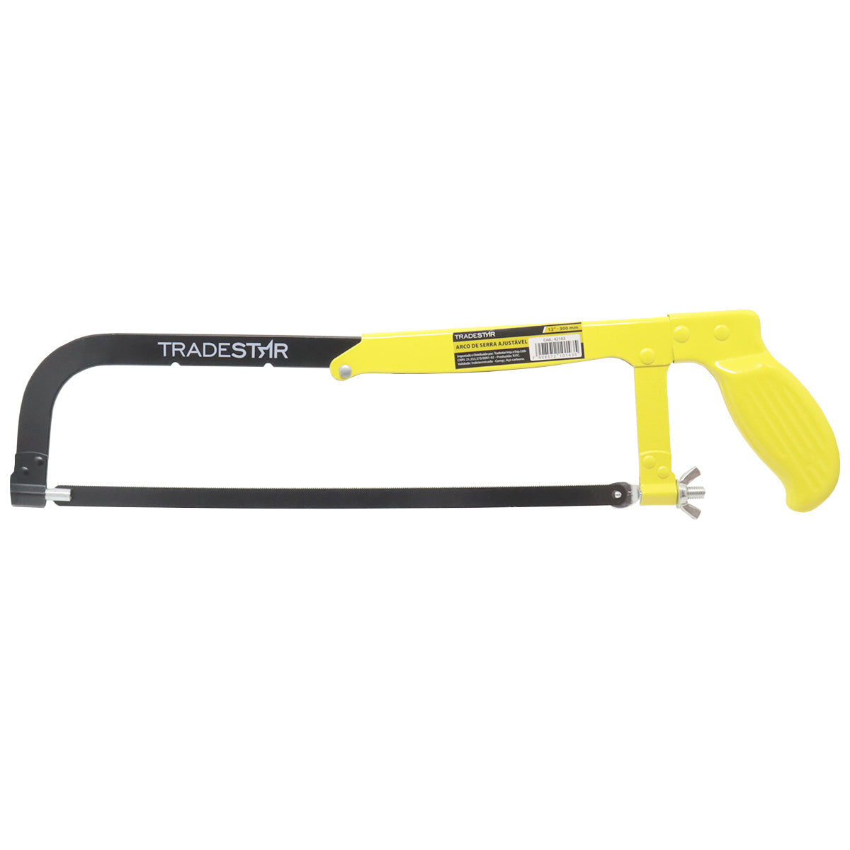 Arco de Serra Pro Regulagem Tradestar para lâminas de 8, 10 e 12 polegadas, 30mm reforçado, ideal para marcenaria, serralheria e cortes precisos em diversos materiais. Cabo ergonômico e resistente, com ajuste de comprimento e troca rápida da lâmina.