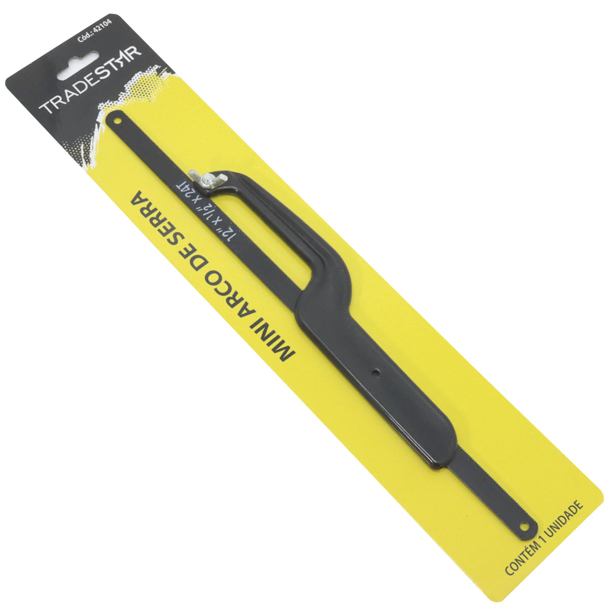 Mini arco de serra com cabo plástico e lâmina de 12 polegadas (300mm) da Tradestar, ideal para cortes precisos em espaços reduzidos. Ferramenta compacta e versátil para trabalhos manuais e profissionais. Perfeito para locais de difícil acesso. Inclui lâmina de serra e embalagem com 1 unidade.