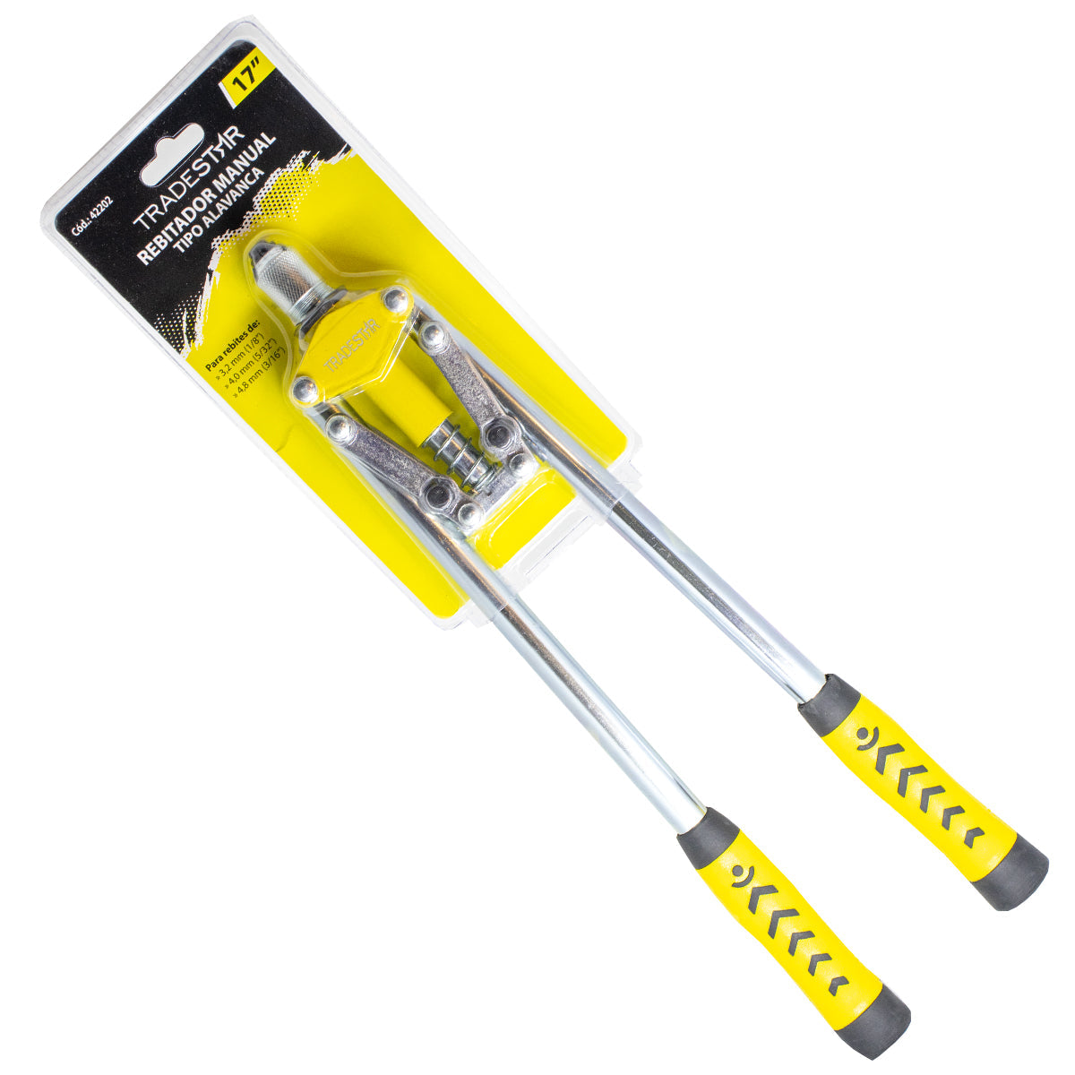 Alicate rebitador manual profissional tipo alavanca 17 polegadas (42 cm) Tradestar, ideal para uso em projetos de fixação. Ferramenta robusta com cabo emborrachado para maior conforto e precisão. Compatível com rebites de 3.2mm, 4.0mm e 4.8mm.