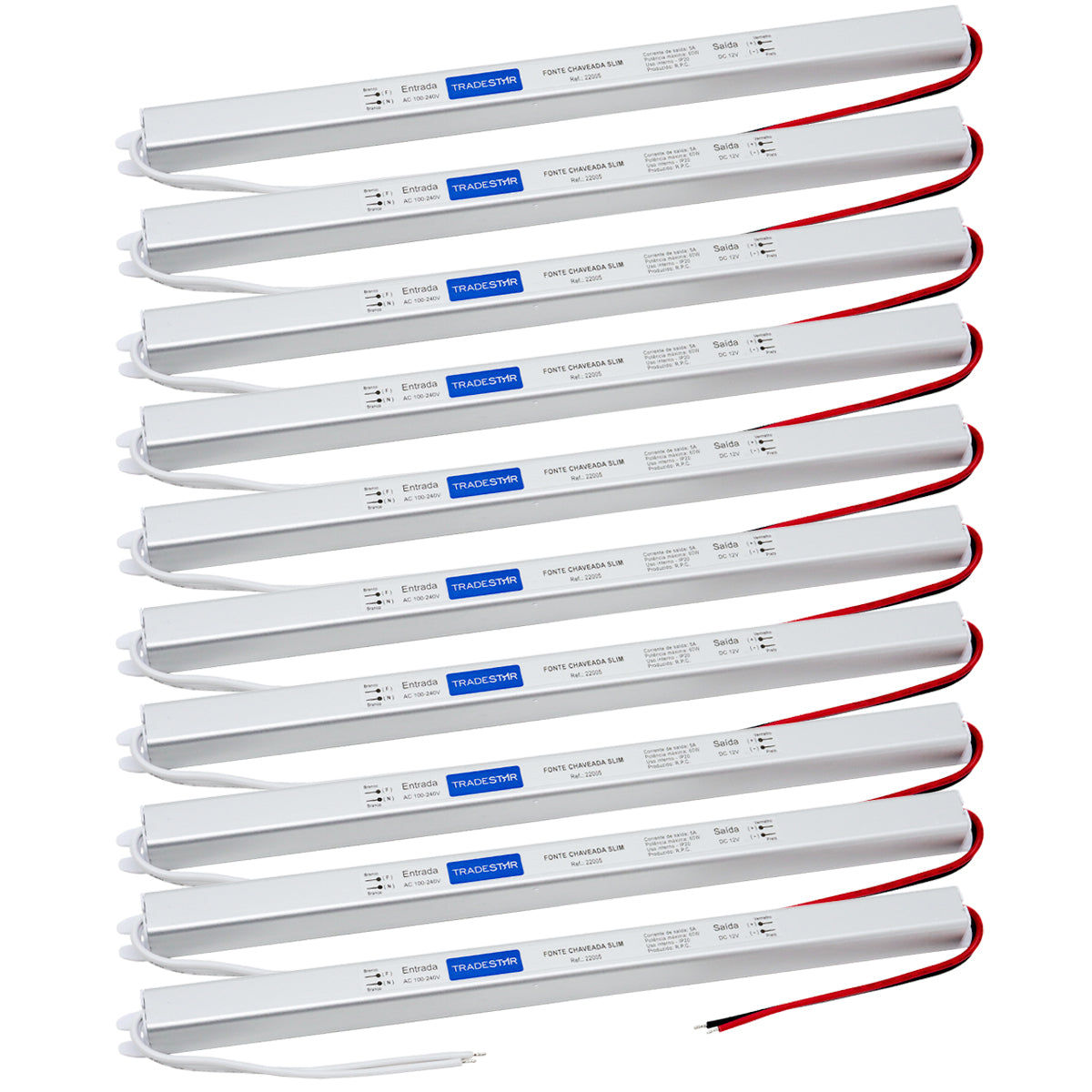 Kit com 10 Fontes Driver Slim 12v 60w 5a Bivolt para LED - Ideal para iluminação de fitas de LED, com design compacto e bivolt automático. Garante eficiência energética e instalação fácil. Atacado para revenda ou projetos de iluminação.