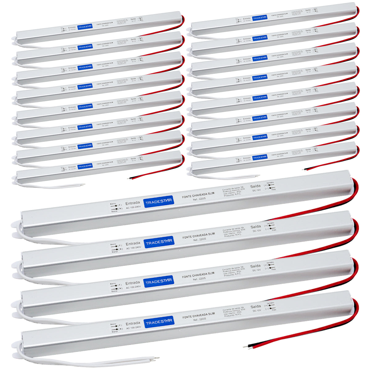 Kit com 20 Fontes Driver Slim 12v 60w 5a Bivolt para LED, ideal para iluminação de fitas de LED em atacado. Fonte bivolt, design compacto e eficiente, perfeita para projetos de iluminação e decoração.