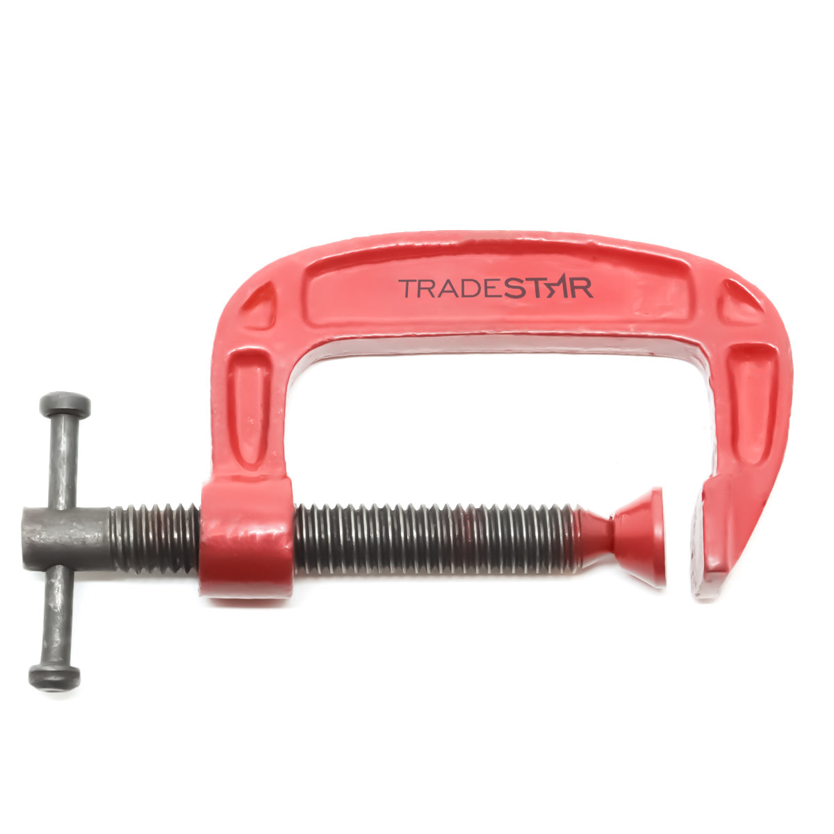 Grampo Sargento Tipo C 2'' Polegadas Tradestar vermelho, ferramenta de fixação robusta para marcenaria, carpintaria e projetos de bricolagem. Possui design tipo C, alça ergonômica e capacidade de abertura de 2 polegadas. Ideal para fixar peças com segurança.