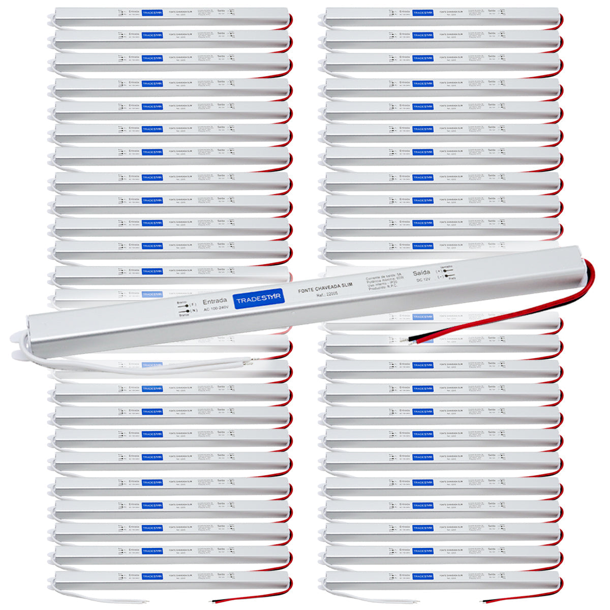 Kit com 50 Fontes Driver Slim 12v 60w 5a Bivolt para LED, ideal para iluminação de fitas de LED em atacado. Fontes bivolt, compactas e eficientes, garantindo iluminação estável e de qualidade. Marca TradeStar.