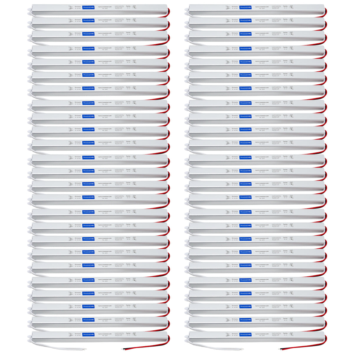 Kit com 50 Fontes Driver Slim 12v 60w 5a Bivolt para LED - Ideal para iluminação de fitas de LED em atacado. Fontes compactas e eficientes, com design slim e bivolt automático, garantindo desempenho estável e fácil instalação.