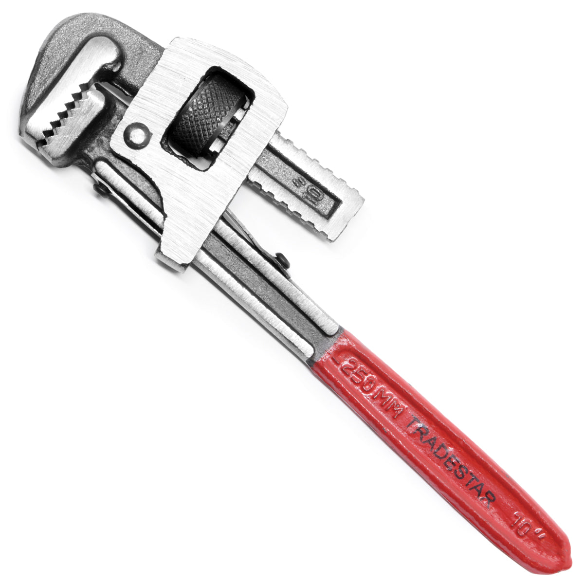 Chave de Grifo 10'' Tradestar para tubos, ajustável, tipo Stillson, ferramenta de encanador com mordentes ranhurados para aperto seguro em tubulações e conexões. Ideal para reparos e instalações hidráulicas. Empunhadura ergonômica e durável.