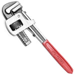 Chave de Grifo 10'' ajustável para encanador, tipo Stillson, com mordentes ranhurados e empunhadura vermelha. Ferramenta manual ideal para apertar e ajustar tubos e conexões em trabalhos de encanamento e bricolagem.