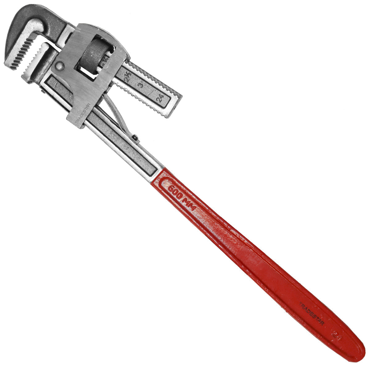 Chave de Grifo 24'' Tradestar para tubos, ajustável, tipo Stillson, com mordentes ranhurados, ideal para encanadores e projetos de bricolagem. Ferramenta resistente e durável para aperto e ajuste de tubulações.