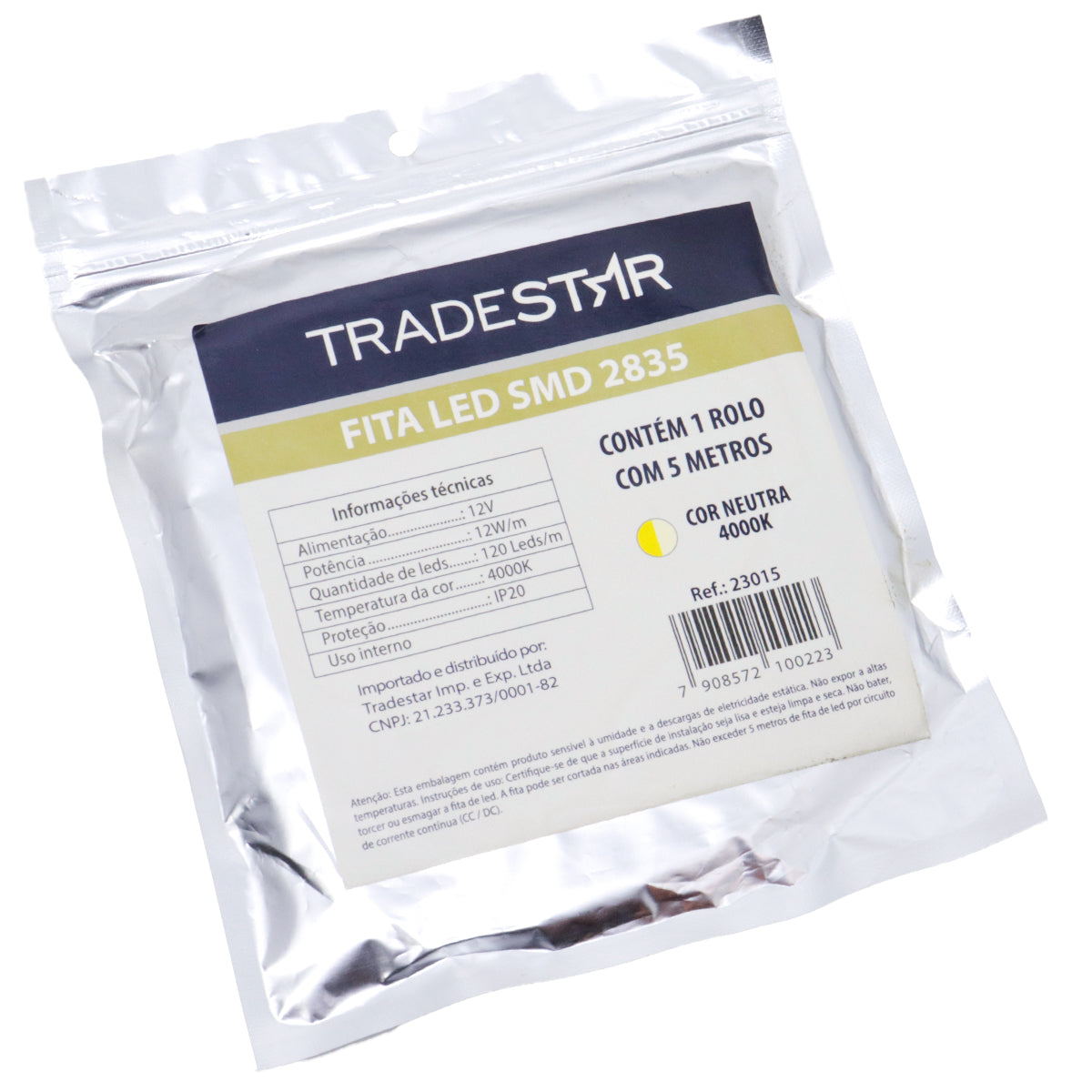 Kit 5 Rolos Fita LED 2835 5 Metros 120 Leds/m 12V IP20 10W/m Branco Neutro - Tradestar. Fita de LED em embalagem com informações técnicas: 12V, 12W/m, 120 LEDs/m, 4000K, IP20. Ideal para iluminação interna, com 5 metros por rolo. Cor neutra.