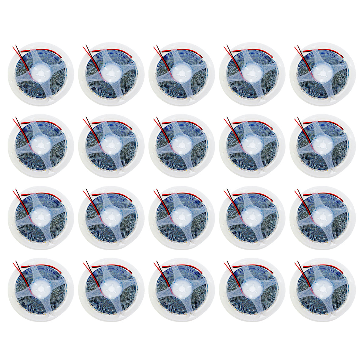 Kit com 20 rolos de fita LED 2835 de 5 metros, 120 LEDs/m, 12V, IP20, 10W/m, na cor branco neutro. Ideal para iluminação ambiente, decoração e projetos de iluminação personalizados. Cada rolo contém fita LED enrolada com fios para conexão.