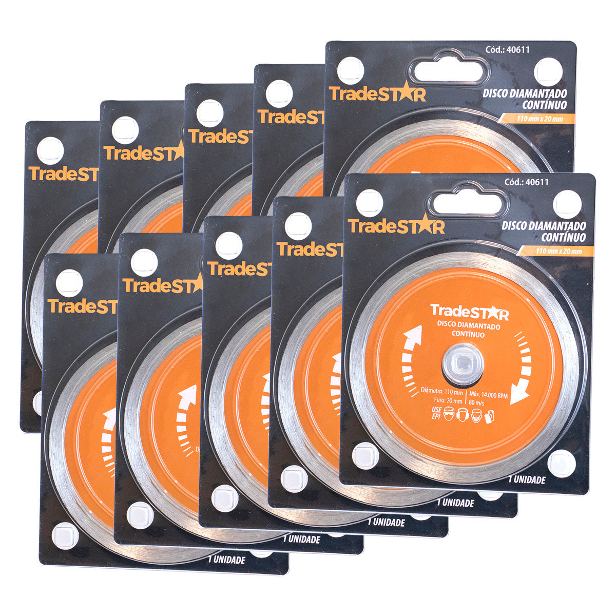 Kit 10 Discos de Corte Diamantado Contínuo 110x20mm Tradestar para corte refrigerado de pisos, azulejos, mármores e porcelanatos. Discos de aço com abrasivo de diamante sintético, ideais para serras mármore e máquinas de corte. Cortes precisos e eficientes.
