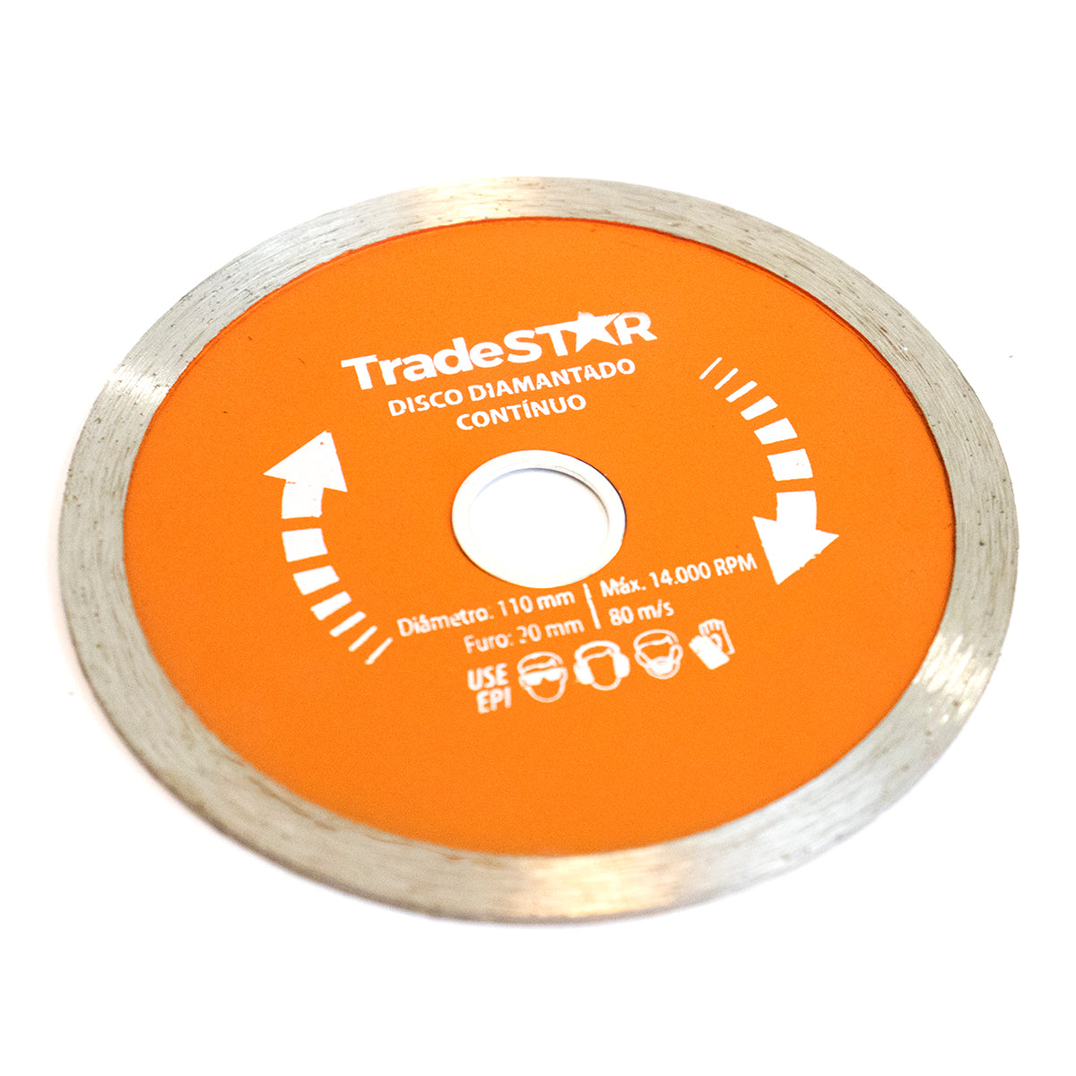 Kit 10 Discos de Corte Diamantado Contínuo 110x20mm Tradestar para corte refrigerado de pisos, azulejos, mármores e porcelanatos. Disco de aço com abrasivo de diamante sintético, formato contínuo, diâmetro externo 110mm e interno 20mm. Ideal para serras mármore e máquinas de corte. Marca Tradestar.