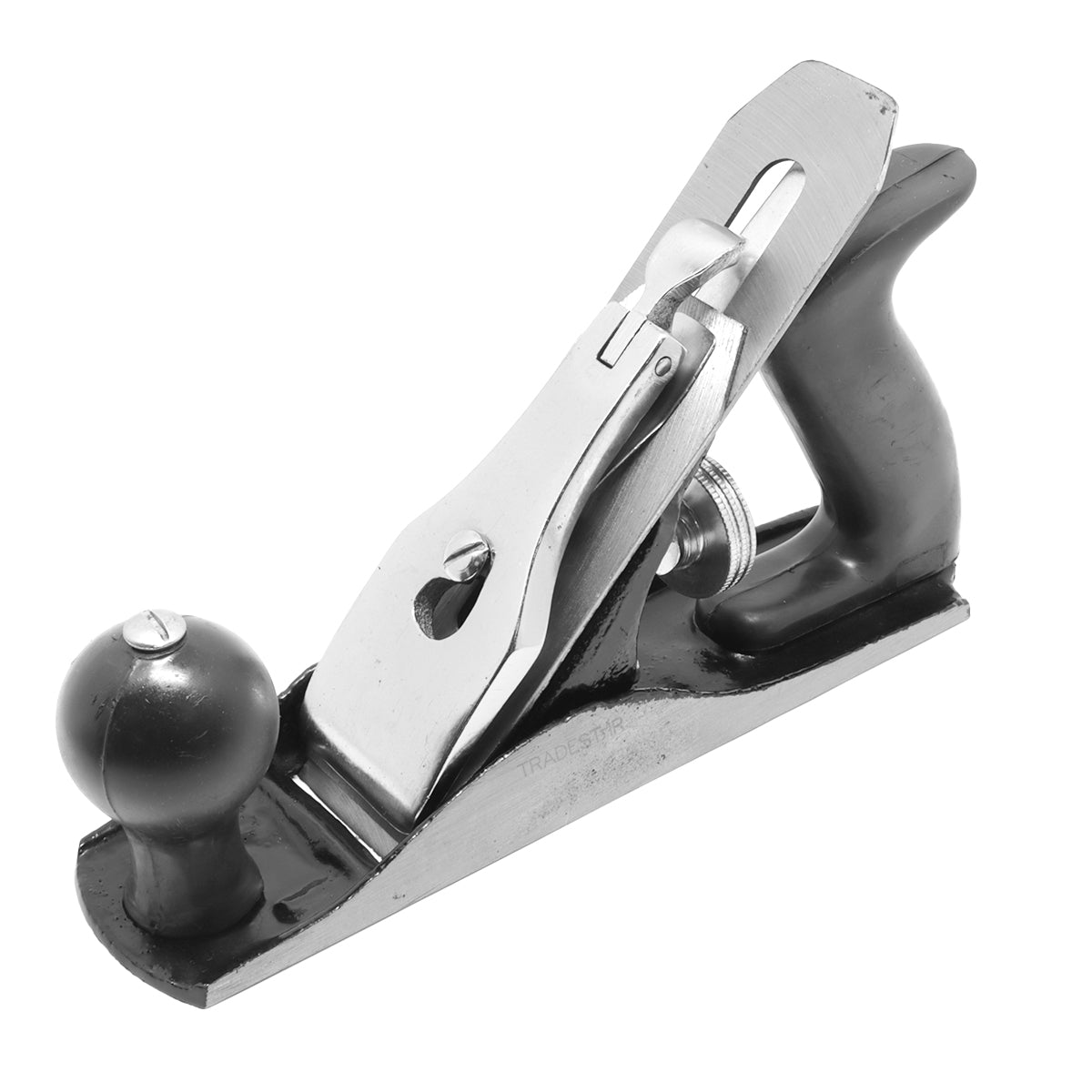 Plaina manual de aço N° 3 com lâmina ajustável 230x50mm, ideal para marcenaria e carpintaria. Ferramenta de metal resistente com cabo ergonômico para aplainar e desbastar madeira com precisão. Imagem detalhada da plaina, mostrando a lâmina, o corpo e o cabo.