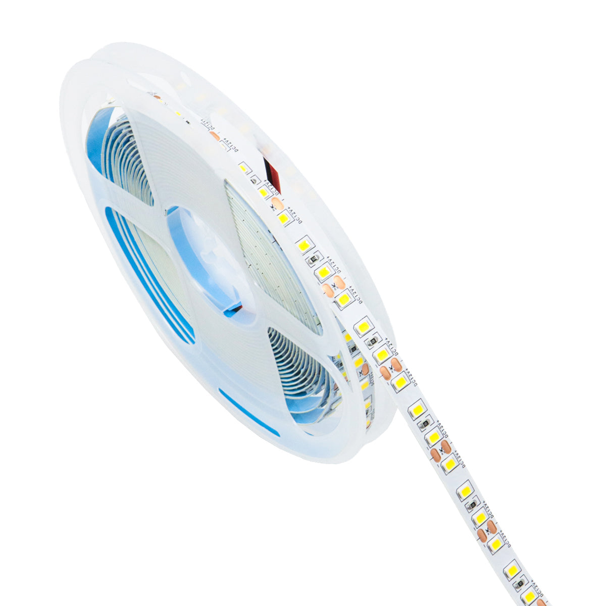 Kit 5 Rolos de Fita LED 2835 5M 120 LEDs/m 12V 4000K IP20 - Rolo de fita LED em carretel, ideal para iluminação decorativa e funcional. Apresenta LEDs em tom branco neutro, com detalhes da fita e do carretel.