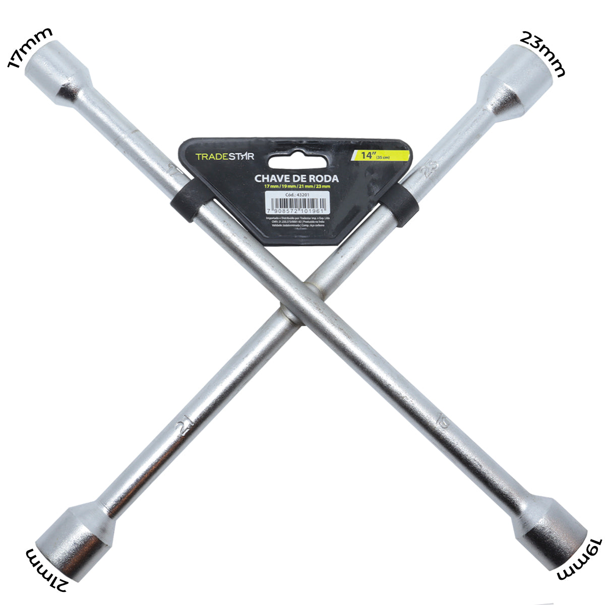 Chave de Roda Cruz Aro 17 19 21 23 Universal Tradestar, ferramenta automotiva em aço cromado com quatro bocas de tamanhos diferentes (17mm, 19mm, 21mm e 23mm) e design em cruz para facilitar a troca de pneus. Ideal para carros e veículos com aro 17.