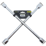 Chave de Roda Cruz Aro 17 19 21 23 Universal Tradestar, ferramenta automotiva em aço cromado com quatro bocas de tamanhos diferentes (17mm, 19mm, 21mm e 23mm) e design em cruz para facilitar a troca de pneus. Ideal para carros e veículos com aro 17.