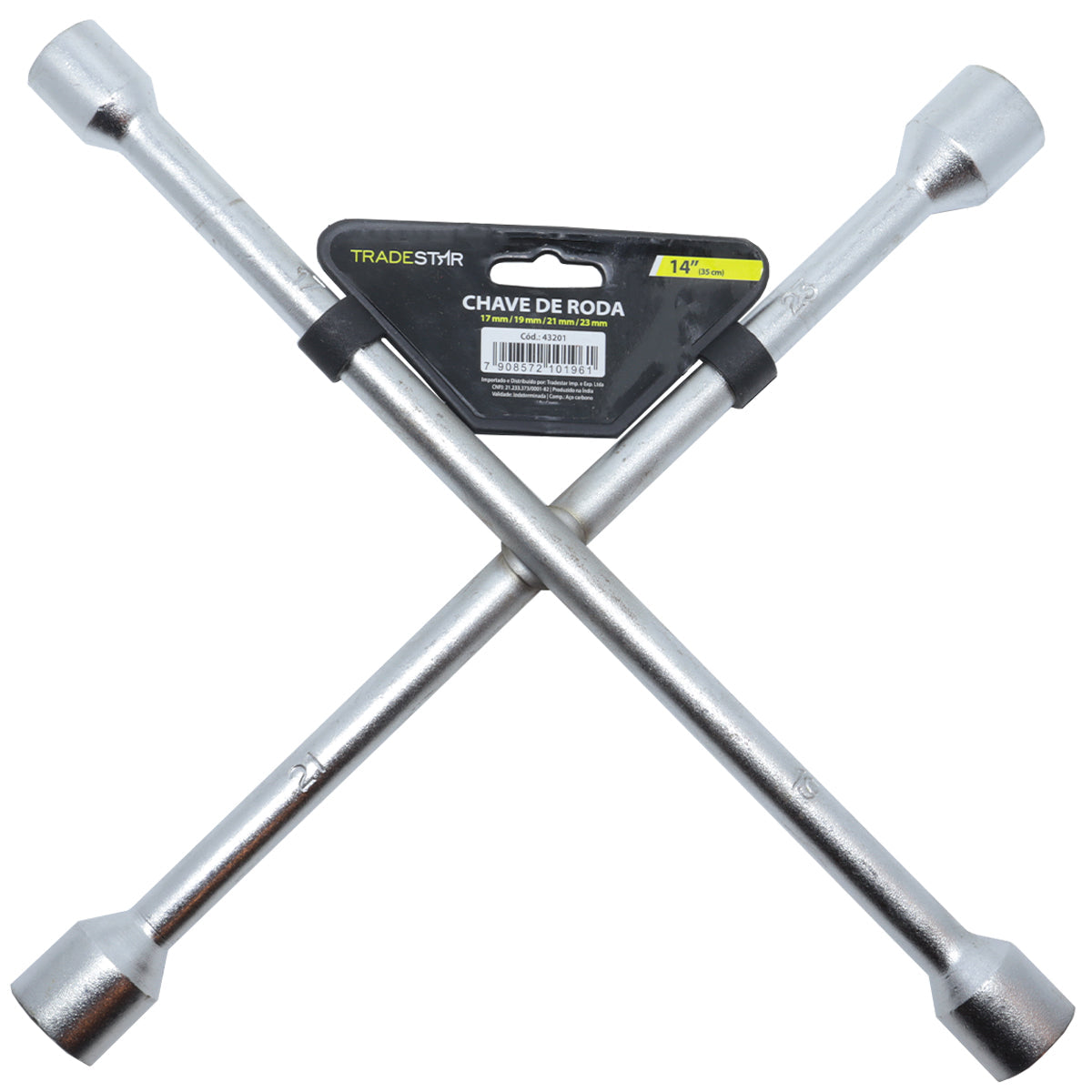 Chave de Roda Cruz Aro 17 19 21 23 Universal Tradestar, ferramenta automotiva em aço cromado com quatro bocas de diferentes medidas (17mm, 19mm, 21mm e 23mm) para aperto e remoção de porcas de rodas de veículos. Ideal para troca de pneus e manutenção automotiva.