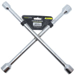 Chave de Roda Cruz Aro 17 19 21 23 Universal Tradestar, ferramenta automotiva em aço cromado com quatro bocas de diferentes medidas (17mm, 19mm, 21mm e 23mm) para aperto e remoção de porcas de rodas de veículos. Ideal para troca de pneus e manutenção automotiva.