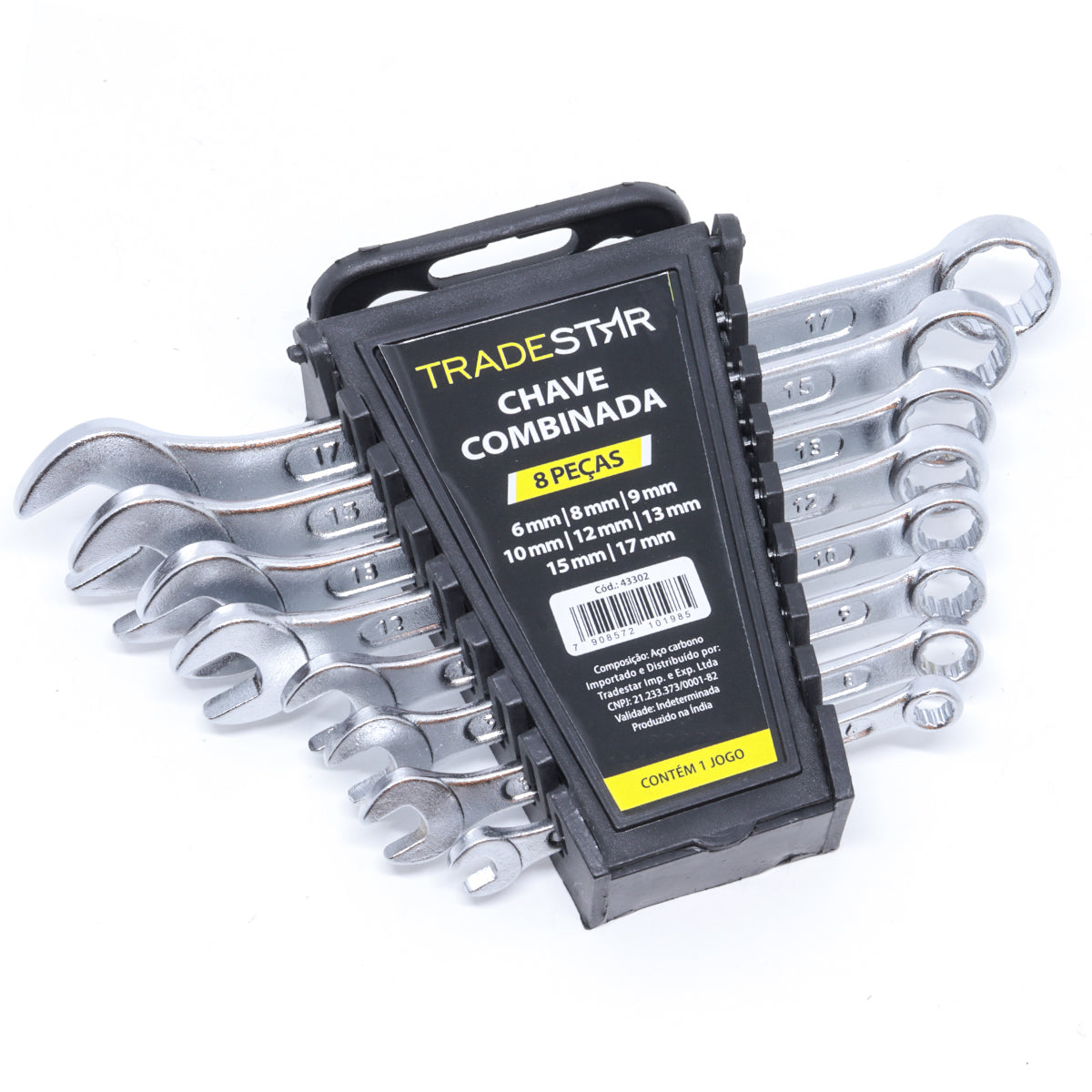 Jogo de chave combinada Tradestar profissional com 8 peças, tamanhos de 6 a 17mm. Ferramenta de aço carbono para uso em diversas aplicações, ideal para mecânicos e uso geral. Conjunto de chaves combinadas em estojo para organização.