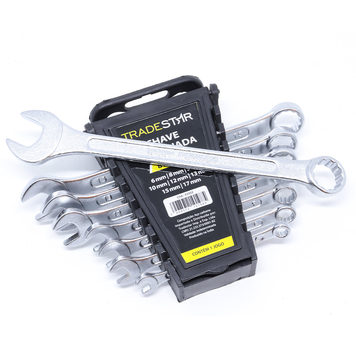 Jogo de chave combinada Tradestar profissional com 8 peças, tamanhos de 6 a 17mm. Ferramenta de aço carbono, ideal para mecânica e uso geral. Conjunto de chaves com estojo para organização e garantia.