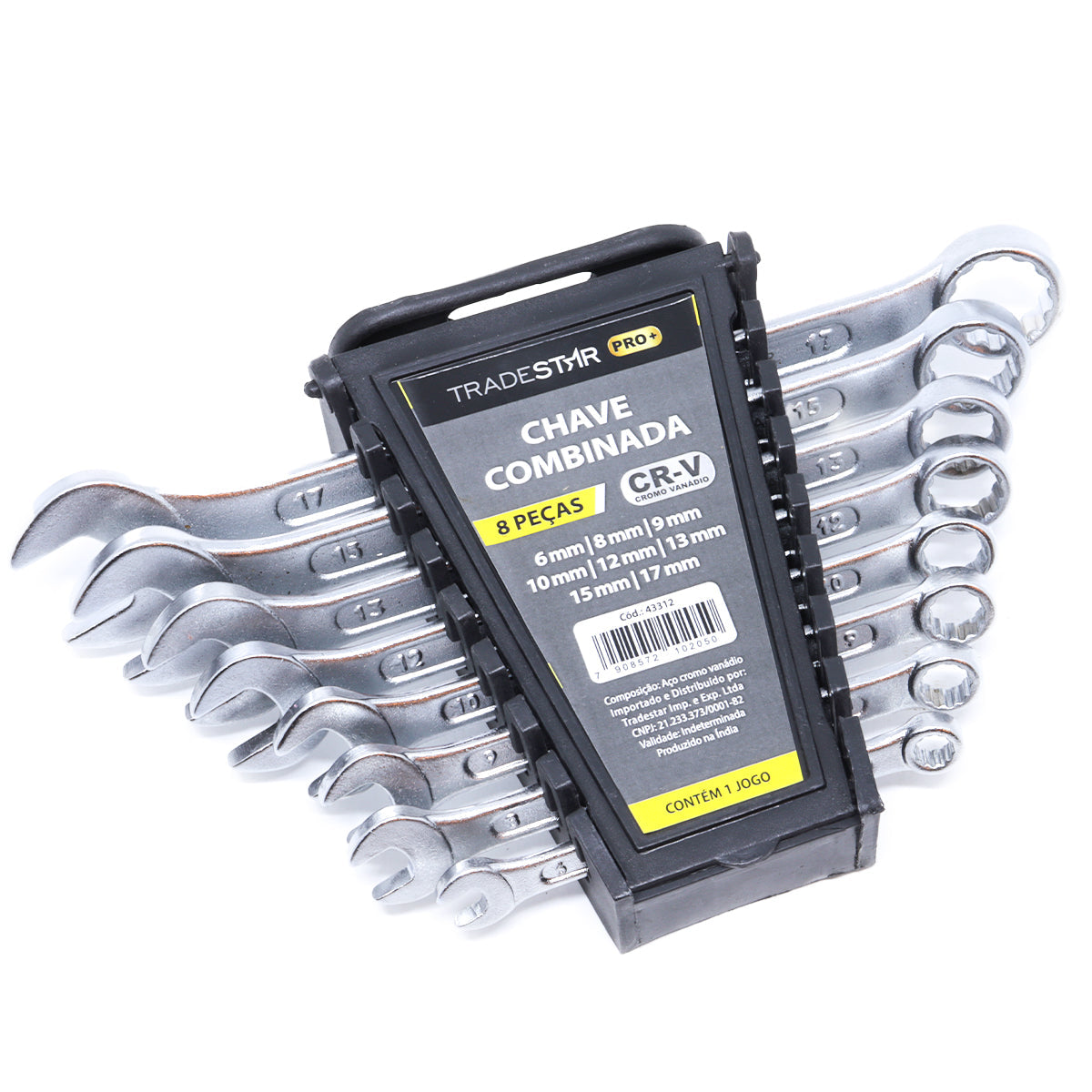 Jogo de chave combinada Tradestar de 8 peças, fabricado em cromo vanádio (CR-V), com tamanhos de 6 a 17 mm. Ideal para aperto e desaperto em diversas aplicações. Ferramenta durável e resistente, perfeita para uso profissional e doméstico.