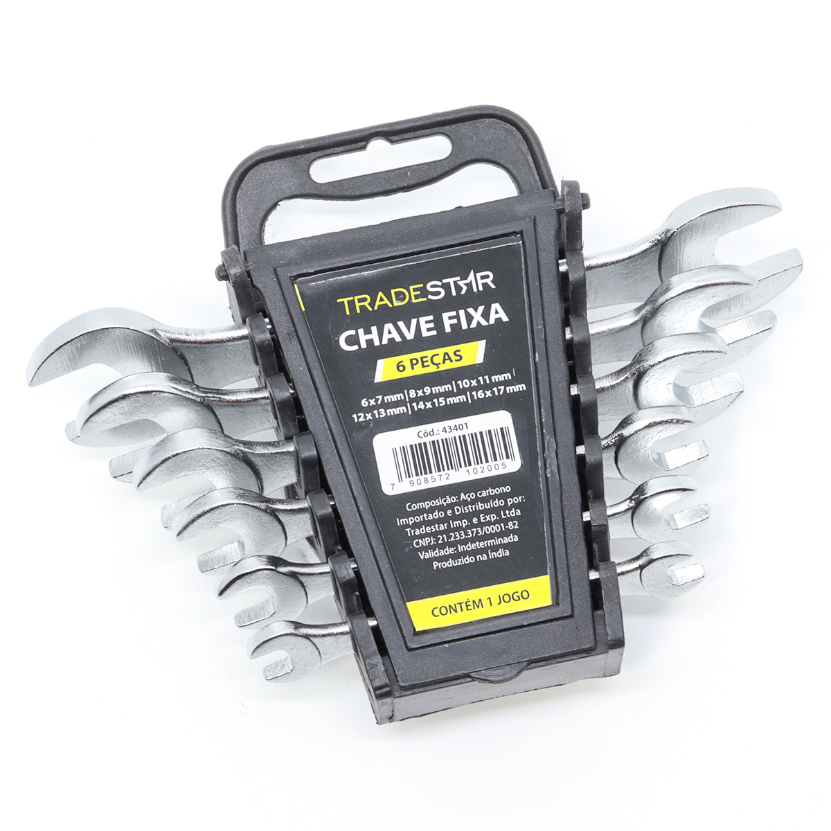 Jogo de chave boca fixa em aço Tradestar com 6 peças, tamanhos variados de 6 a 17mm. Ferramenta ideal para aperto de porcas e parafusos, com design ergonômico e durabilidade garantida. Inclui chaves nos tamanhos 6x7mm, 8x9mm, 10x11mm, 12x13mm, 14x15mm e 16x17mm. Perfeito para uso profissional e projetos de bricolagem.