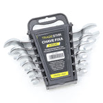 Jogo de chave boca fixa em aço Tradestar com 6 peças, tamanhos variados de 6 a 17mm. Ferramenta ideal para aperto de porcas e parafusos, com design ergonômico e durabilidade garantida. Inclui chaves nos tamanhos 6x7mm, 8x9mm, 10x11mm, 12x13mm, 14x15mm e 16x17mm. Perfeito para uso profissional e projetos de bricolagem.