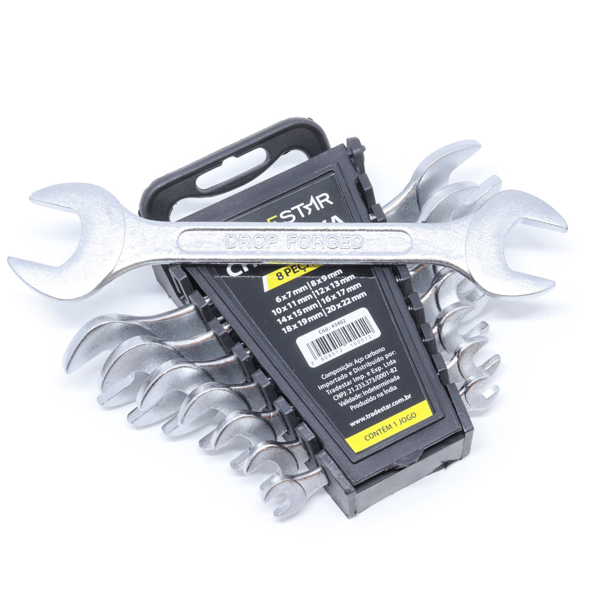 Jogo de chave boca fixa em aço Tradestar com 8 peças, tamanhos de 6 a 22mm. Ferramenta manual para aperto e manutenção, ideal para uso profissional e doméstico. Conjunto de chaves de alta durabilidade e resistência, com design ergonômico.