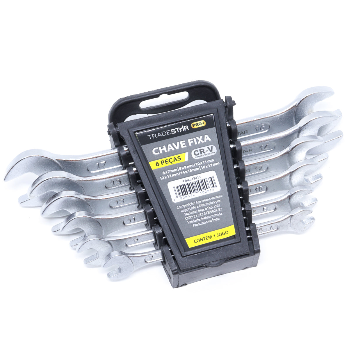 Jogo de Chave Boca Fixa Cromo Vanádio Tradestar com 6 peças, medidas de 6 a 17mm. Ideal para manutenção automotiva, reparos domésticos e projetos de bricolagem. Chaves de aço cromo vanádio, duráveis e precisas, com design ergonômico. Conjunto completo para aperto e desaperto de parafusos e porcas.