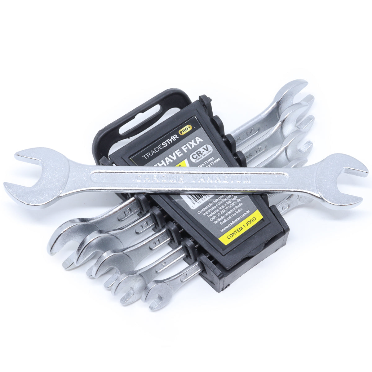Jogo de chaves boca fixa cromo vanádio Tradestar com 6 peças, ideal para aperto e desaperto em manutenção de veículos, projetos de bricolagem e reparos. Inclui medidas de 6 a 17mm. Ferramenta durável e precisa para profissionais e entusiastas.