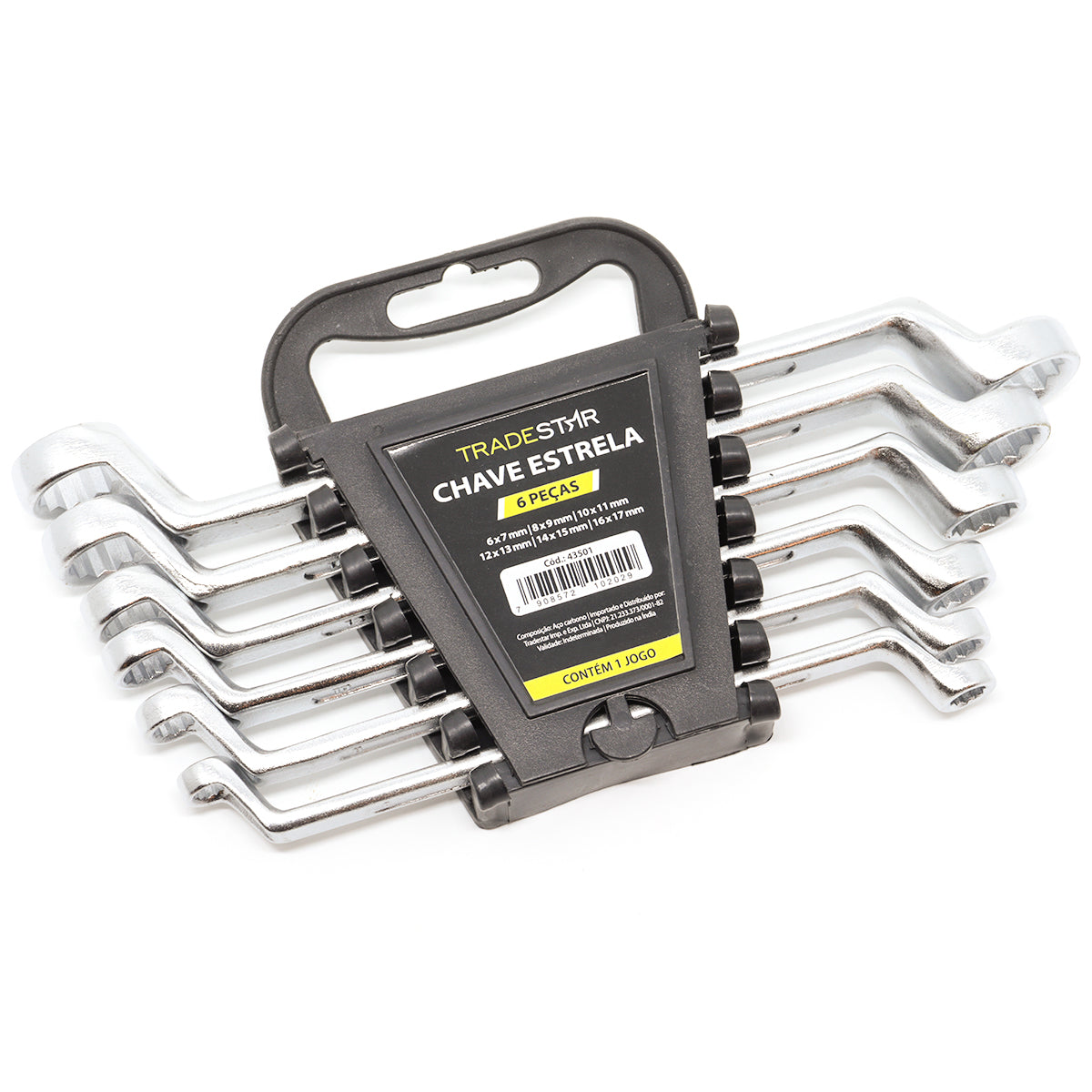 Jogo de chaves estrela 6 peças Tradestar profissional, com medidas de 6 a 17mm. Ideal para manutenção automotiva, construção e bricolagem. Conjunto de chaves de alta qualidade, duráveis e ergonômicas.