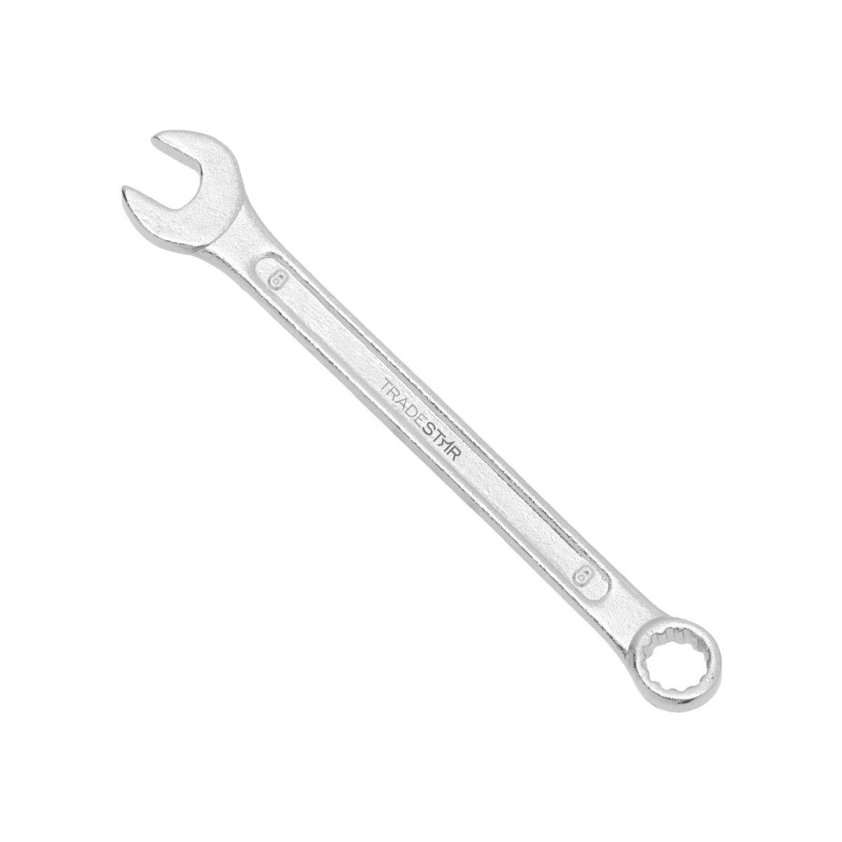 Chave Combinada Profissional Tradestar 8mm em aço especial, ferramenta manual para aperto e desaperto de porcas e parafusos. Ideal para profissionais e uso doméstico. Aço carbono, abertura fixa, pronta entrega e garantia.