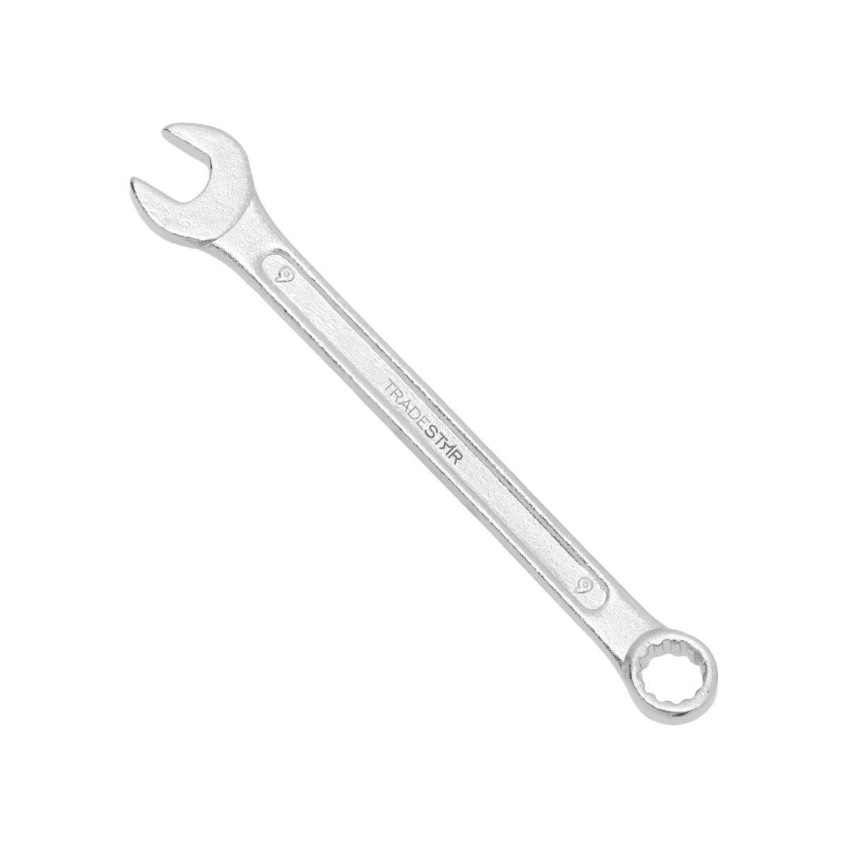 Chave Combinada Profissional Tradestar 9 mm em aço especial, ferramenta manual para aperto e desaperto de porcas e parafusos. Ideal para uso profissional em mecânica, manutenção e outras aplicações.