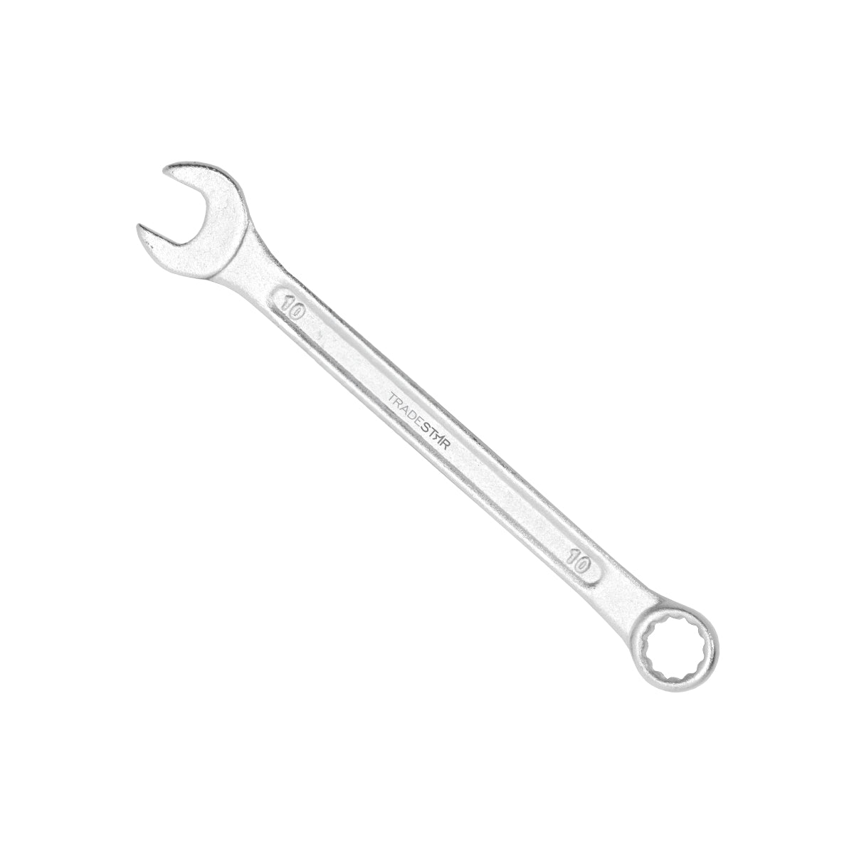 Chave Combinada Profissional 10 mm Tradestar em aço especial, ferramenta manual para aperto e desaperto de porcas e parafusos. Ideal para uso em mecânica, construção e diversas aplicações. Chave com boca fixa e boca estrela, resistente e durável.