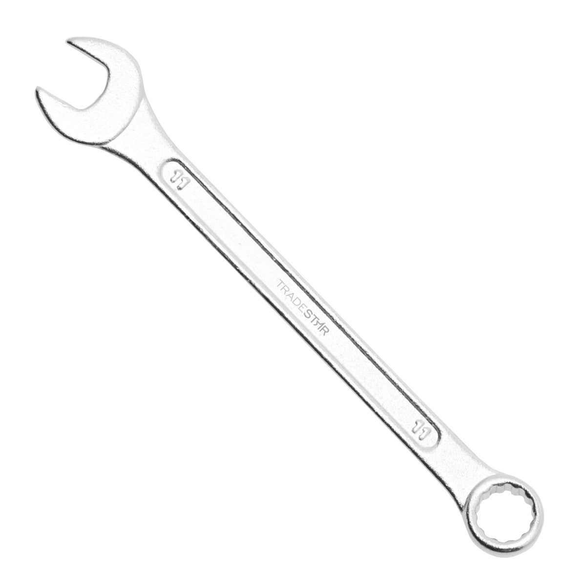 Chave Combinada Profissional Tradestar 11 mm em aço especial, ferramenta manual para aperto e desaperto de porcas e parafusos. Ideal para uso profissional em mecânica, manutenção e chaveiros. Pronta entrega e envio imediato.