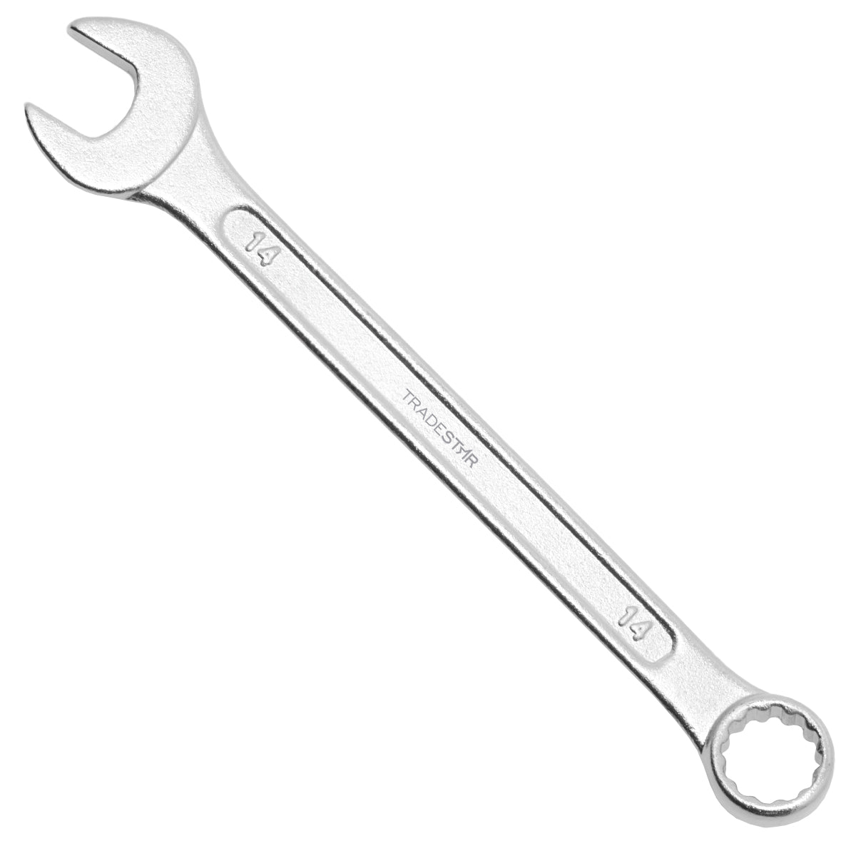 Chave Combinada Profissional 14 mm Tradestar em aço especial, ferramenta manual para aperto e desaperto de porcas e parafusos. Ideal para uso em mecânica, manutenção e diversas aplicações.