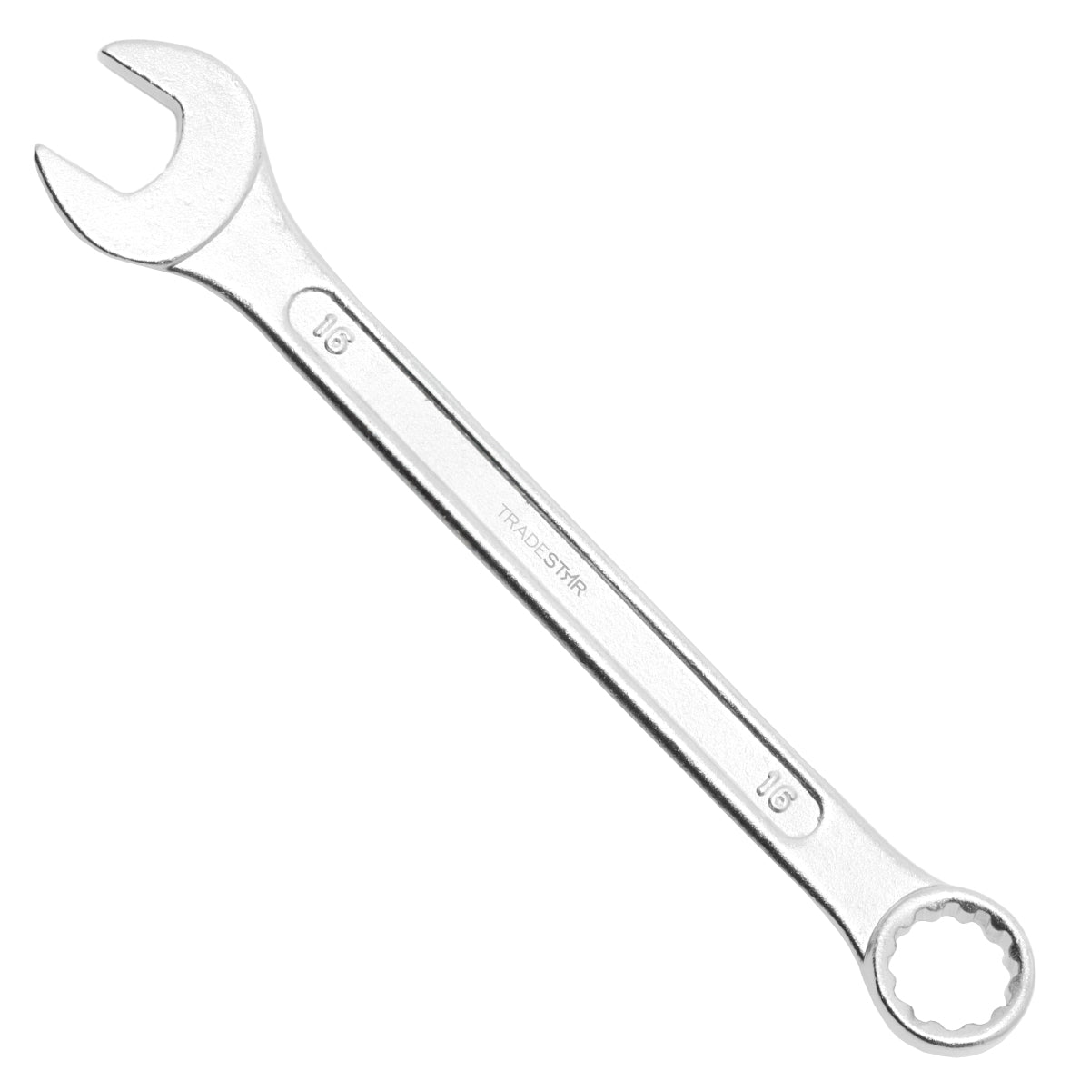 Chave Combinada Profissional 16 mm Tradestar em aço especial, ferramenta manual para aperto e desaperto de porcas e parafusos. Ideal para uso profissional em mecânica, manutenção e chaveiros.